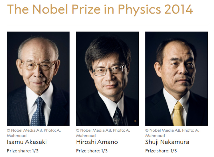 Ủy ban Nobel Thụy Điển đã vinh danh ba nhà khoa học Nhật Bản Isamu Akasaki, Hiroshi Amano, và Shuji Nakamura với Giải Nobel Vật lý 2014 cho phát minh ra đèn LED xanh dương
