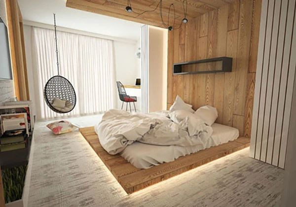 Với sự trợ giúp của đèn LED mà bộ giường ngủ gỗ tự nhiên với thiết kế đơn giản bỗng trở nên thu hút hơn rất nhiều