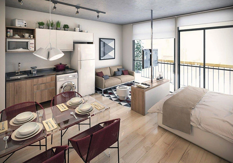 Căn hộ studio có đặc thù là diện tích nhỏ nên tất cả các phòng trong căn hộ như phòng ngủ, phòng khách, phòng bếp được thiết kế chung trong một không gian.